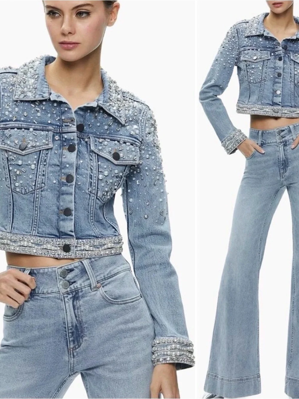 Alice + Olivia Crystal Pearl-Embellished Blue Denim Jacket XS - Picture 1 of 13